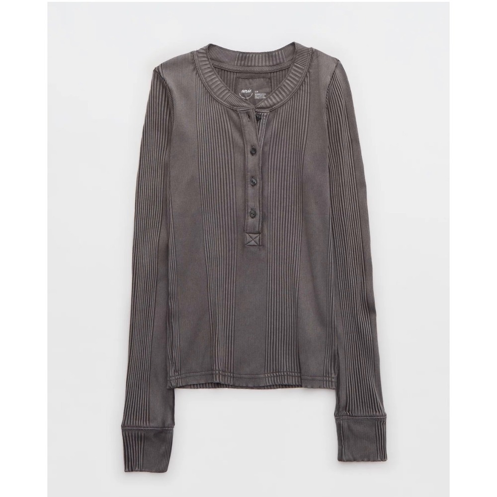 Aerie Road Trip Long Sleeve Henley Ribbed T-Shirt Grey XS Womens Bella Swan Y2K